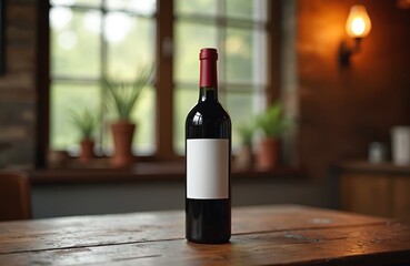 Naklejka premium Red wine bottle on wooden table with blank label. Vine beverage product is ready for custom branding. Window and lamp illuminate interior. Elegant winery product presentation.