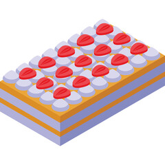 Rectangular layered cake topped with swirls of light purple cream and sliced strawberries on a golden base detailed flat lay illustration of a sweet dessert on a transparent background