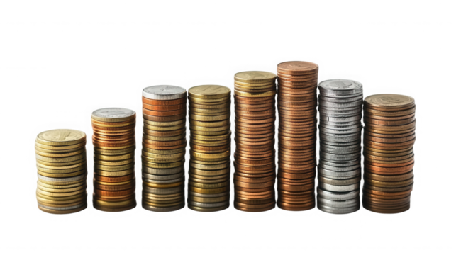 Stacks of coins in ascending order against a showing growth on transparent background