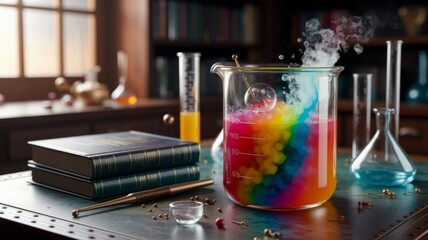 Glowing chemical potion in vintage laboratory with books and glass flasks