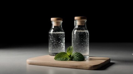 Two glass bottles filled with bubbly liquid, corked and resting on a wooden board with a sprig of green leaves. Dark background - Powered by Adobe