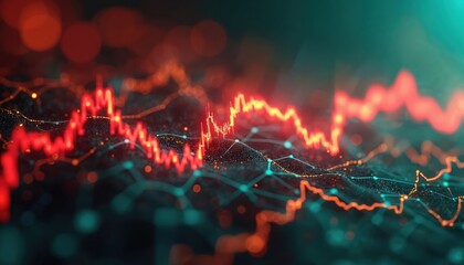Abstract financial tech background shows a decline in market value. Digital representation of a red falling graph illustrates economic data with a downtrend. Business concept of market crash.