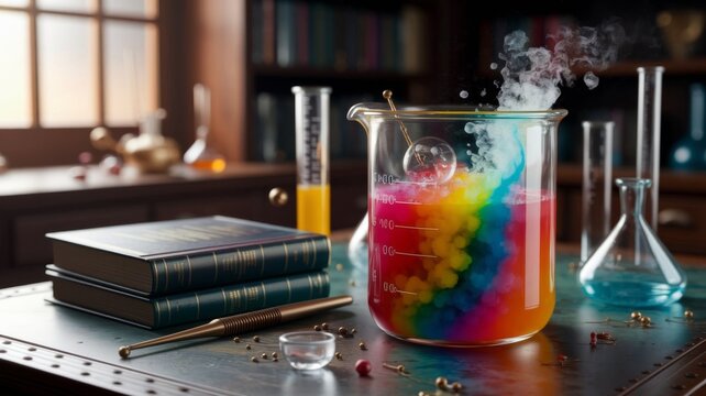 Glowing chemical potion in vintage laboratory with books and glass flasks