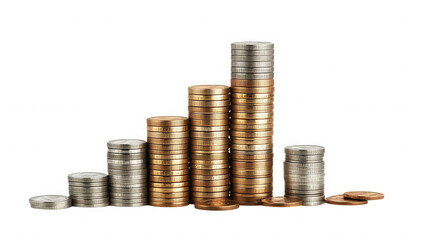 Stacks of coins in increasing heights against a black studio background show growth on transparent background