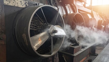 A powerful industrial fan with rotating blades providing cooling and ventilation in a factory setting with hot steam