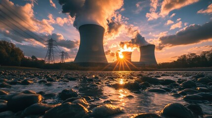 Power plant sunset over rocky riverbed