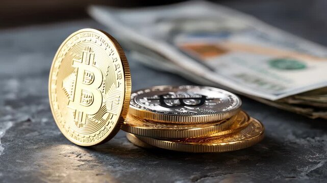 Golden cryptocurrency coins stacked with dollar bills on a dark surface, showcasing the intersection of digital finance and traditional currency in the modern economy - Powered by Adobe