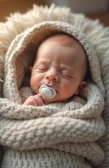 Sleeping baby wrapped in warm knitted blanket with pacifier in mouth. Infant rests peacefully in cozy, comfortable environment. Cute newborn kid at nap time.