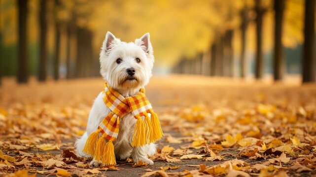 West highland white terrier dog wearing a scarf in autumn park