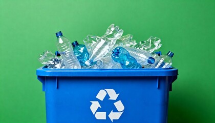 Plastic bottles in blue recycling bin