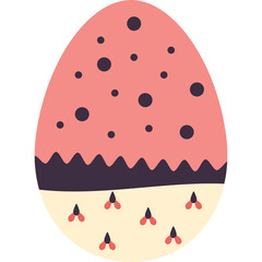Easter Egg Illustration With Pink Top And Cream Bottom Decorated With Dark Purple Dots And Small Red Flowers On White Background
