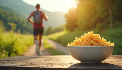 Person runs on scenic nature trail at golden hour. Bowl of pasta in foreground represents healthy carb energy for active lifestyle, fitness, sport activity. Outdoor exercise, nutrition food for