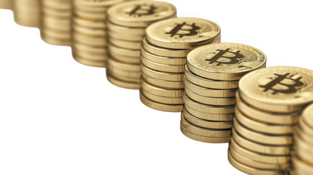 Stacks of golden bitcoin coins representing digital currency and investment growth on transparent background