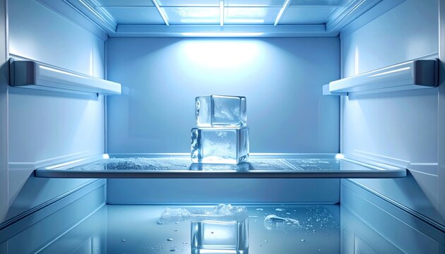 A solitary melting ice cube on a glass shelf inside a clean, empty, modern refrigerator, symbolizing emptiness and minimalism