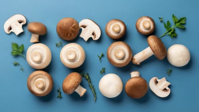 Mushrooms & Herbs on Blue