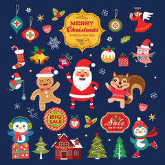 Fototapeta premium Christmas set of Christmas symbols, icons, elements and decoration. Santa Claus, Christmas tree, penguin, squirrel, gingerbread men, cute objects and others. Vector illustration.