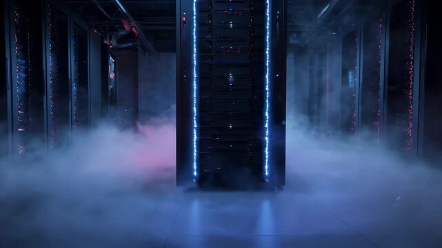 A dimly lit data center with servers and swirling fog. The central server is illuminated with blue lights, with more servers and fog on either side