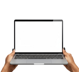 Hands holding a laptop with blank white screen offering digital space for presentations