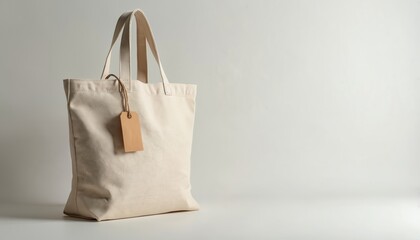 Blank beige canvas tote bag with brown paper tag for branding and product display. Eco friendly reusable shopping bag with copy space for design. Natural texture, studio shot, simple style.