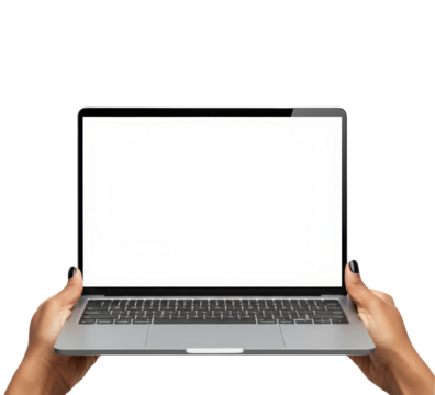 Hands holding a laptop with blank white screen offering digital space for presentations