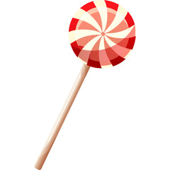 Red and White Swirl Lollipop Candy on a Wooden Stick Against a Transparent Background Isolated Studio Shot