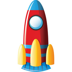 Red and Blue Rocket Ship with Yellow Fins Isolated on White Background for Space Exploration and Futuristic Adventures