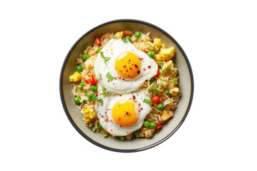 Sunny-side eggs top savory fried rice in a bowl