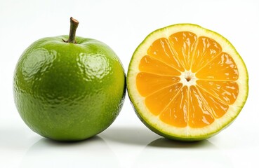 Studio shot presents whole calamansi next to a half. Sliced citrus fruit shows juicy pulp. Refreshing tropical calamondin embodies natural vitamin C, health and wellness on white surface.