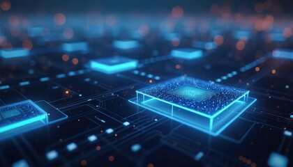 Abstract blue glowing circuit board with microchips and data streams. Digital network concept for tech backgrounds and futuristic info systems.