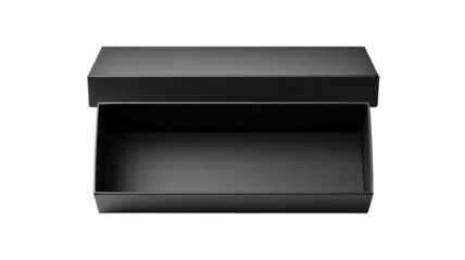 Open matte black rectangular box, lid slightly askew