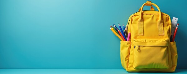 Yellow backpack with school supplies on blue background. Bag full of colorful pencils pens and a ruler for study. Education concept, back to school season with copy space for text.