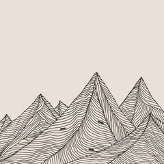 Hand-drawn mountains. Mountain cats. Abstract landscape.