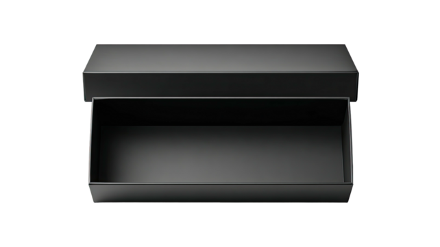 Open matte black rectangular box, lid slightly askew