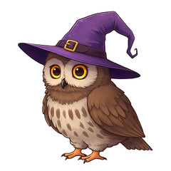 Cartoon owl wearing a purple witch hat with a gold buckle for halloween season on transparent background