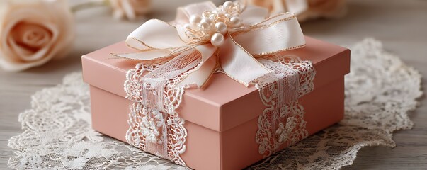 Elegant blush pink box with pearl white organza ribbon and gift tag