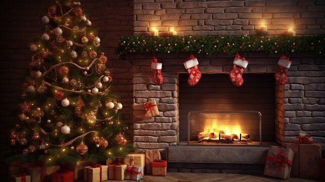 Cozy Christmas Scene with Decorated Tree and ling Fireplace with Stockings