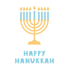 Hanukkah Menorah. Flat vector illustration of a simple menorah with Happy Hanukkah lettering. Hand drawn holiday design.