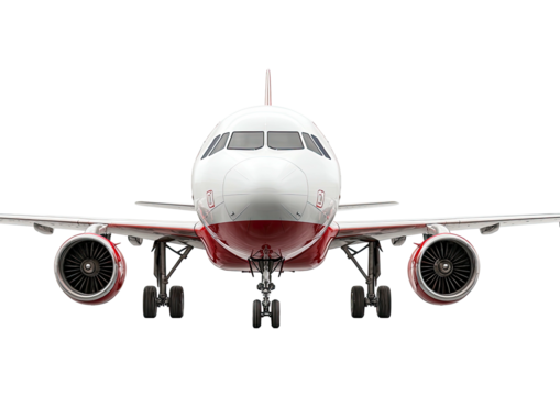 Airplane facing forward, white and red
