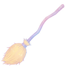Pastel colored witch's broom with a wooden handle and straw bristles design on transparent background