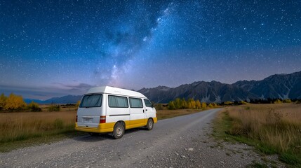 Van parked on a gravel road under a starry night sky in a rural landscape