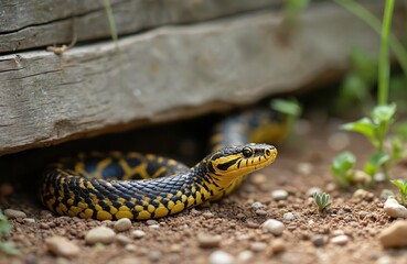 Obraz premium Close up photo shows a colorful snake with yellow and black patterns. The reptile rests on ground near wooden structure and green plants. Wildlife scene in natural habitat.