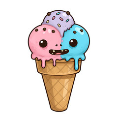Cartoon ice cream cone with cute faces and colorful scoops on transparent background