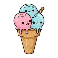 Cute cartoon ice cream cone with happy faces and colorful sprinkles on transparent background