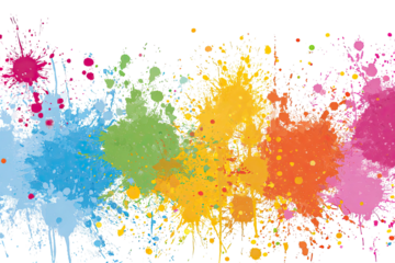 Colorful paint splatters, vibrant and chaotic against a black background