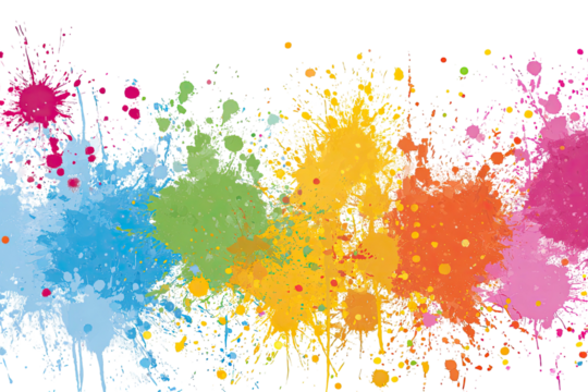 Colorful paint splatters, vibrant and chaotic against a black background