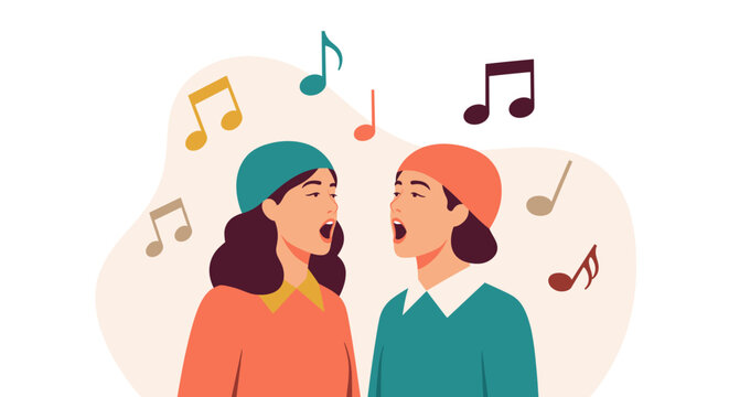 Two individuals, adorned in hats, sing harmoniously, surrounded by musical notes, creating a vibrant and melodic illustration on a white background.