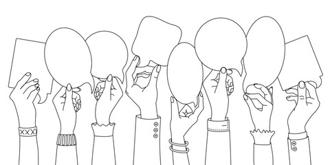 vector black line people hands holding speech bubbles. Clip art isolated on transparent background.