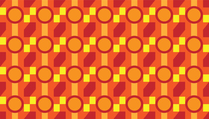A seamless retro geometric pattern featuring circular and rectangular shapes in vibrant red, orange, and yellow colors. The repetitive and symmetrical design evokes a warm, energetic, and nostalgic.