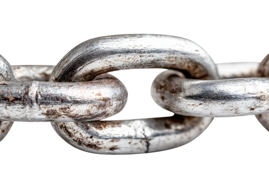 Large old rusty chain link is ring of interconnected links long isolated on cut out PNG or transparent background. Forming loop of metal such iron or stainless steel and stringing loops together.