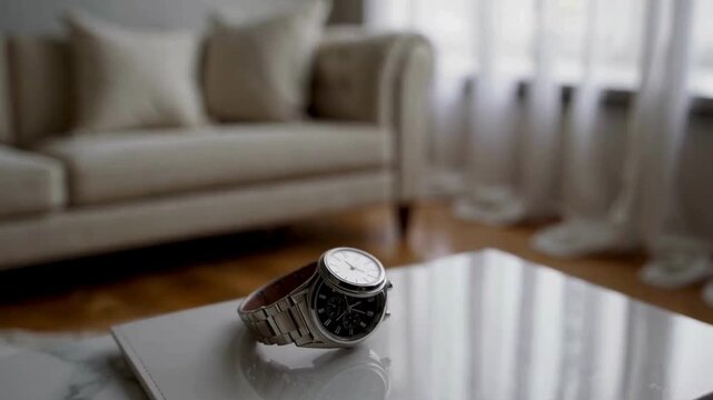 Zooming in on a luxury silver chronograph wristwatch resting on a white marble coffee table in a modern, bright living room.